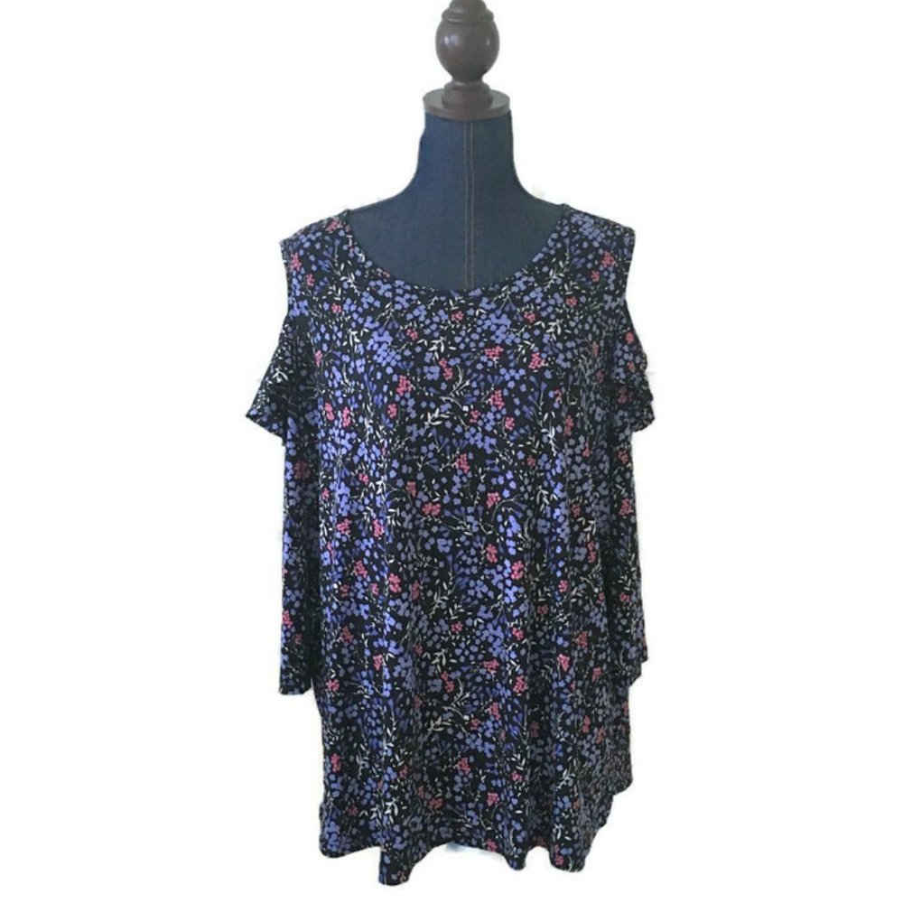 Susan Graver Black Floral Top Cold Shoulder Ruffle